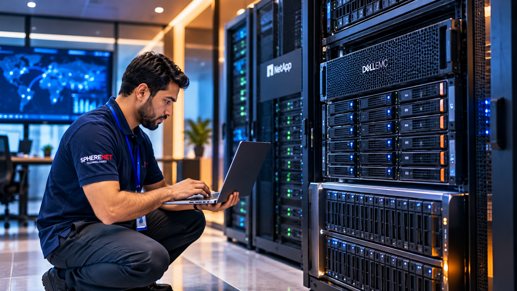 Technician Managing Enterprise Storage Racks